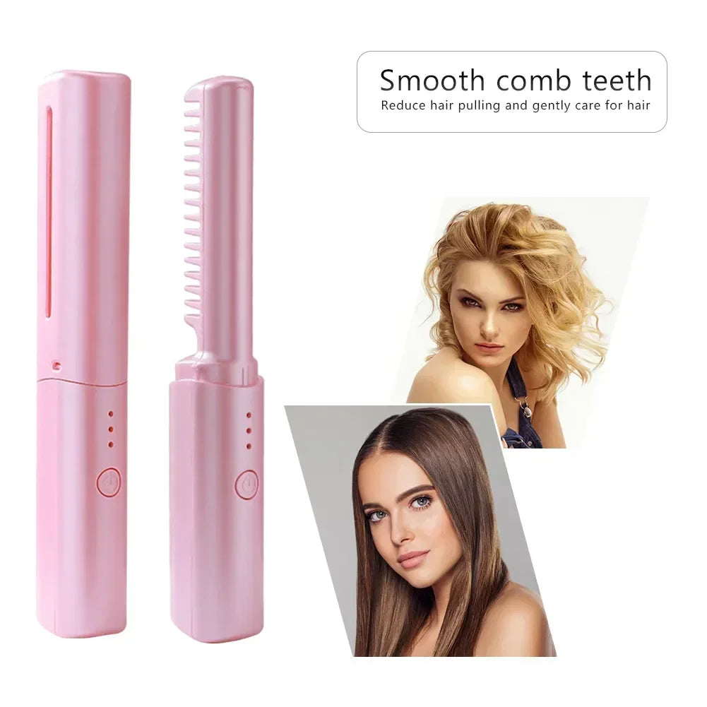 2-in-1 Mini Cordless Hair Straightener Comb – USB Rechargeable Portable Styling Tool