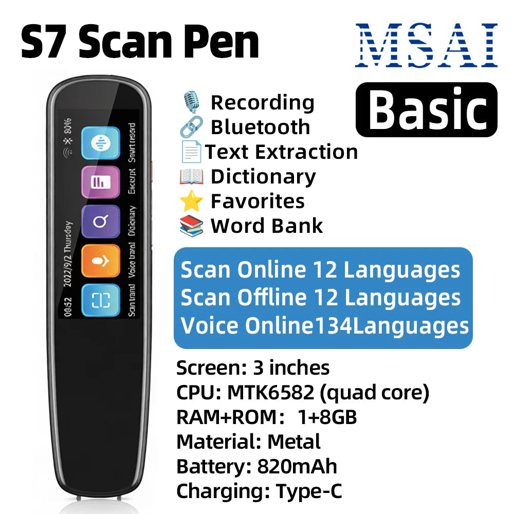 MSAI S7 Portable AI Translator – Text Scan, Voice Translation & Language Learning Tool