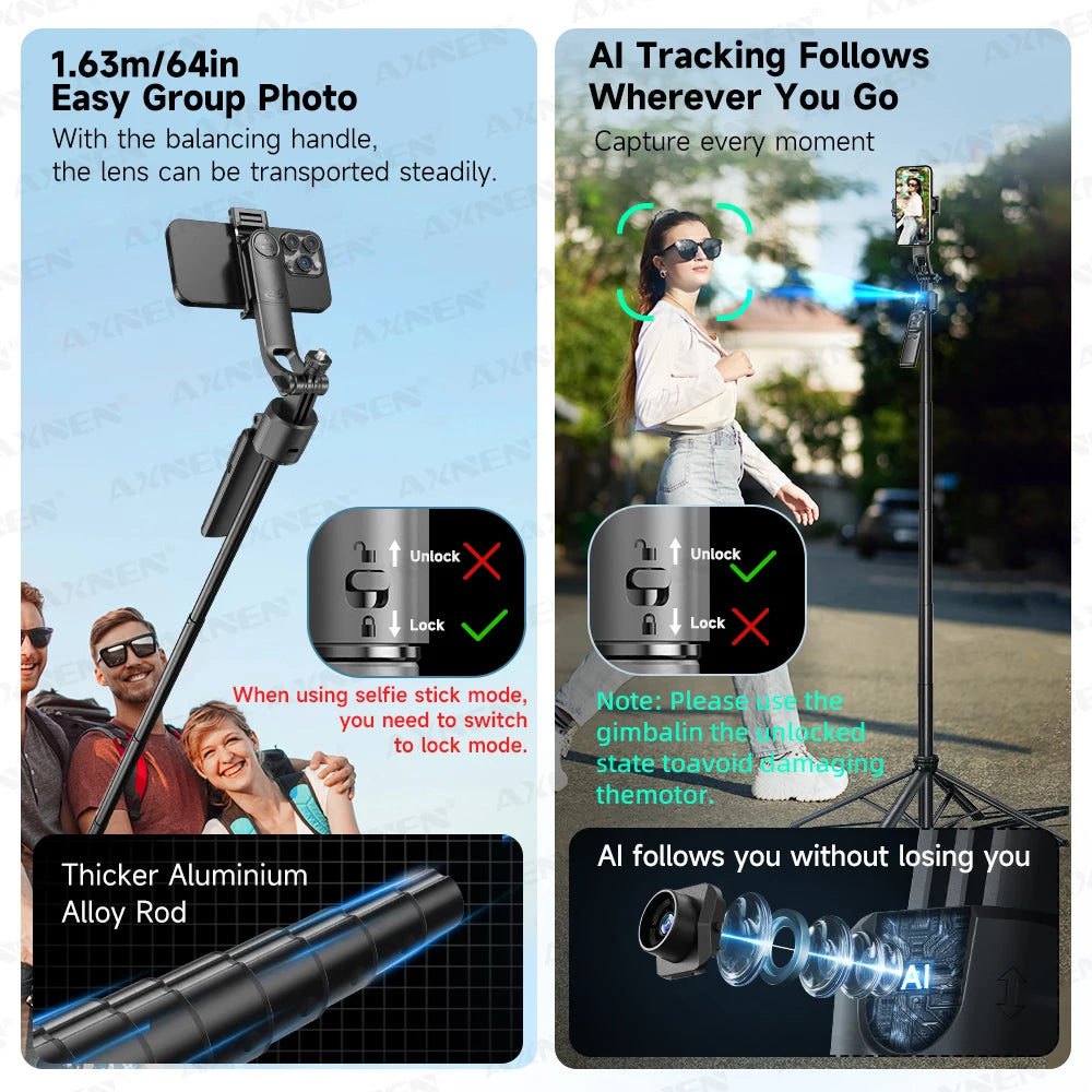 AI Face Tracking Selfie Stick Tripod – 1.63m Smart Quadrapod