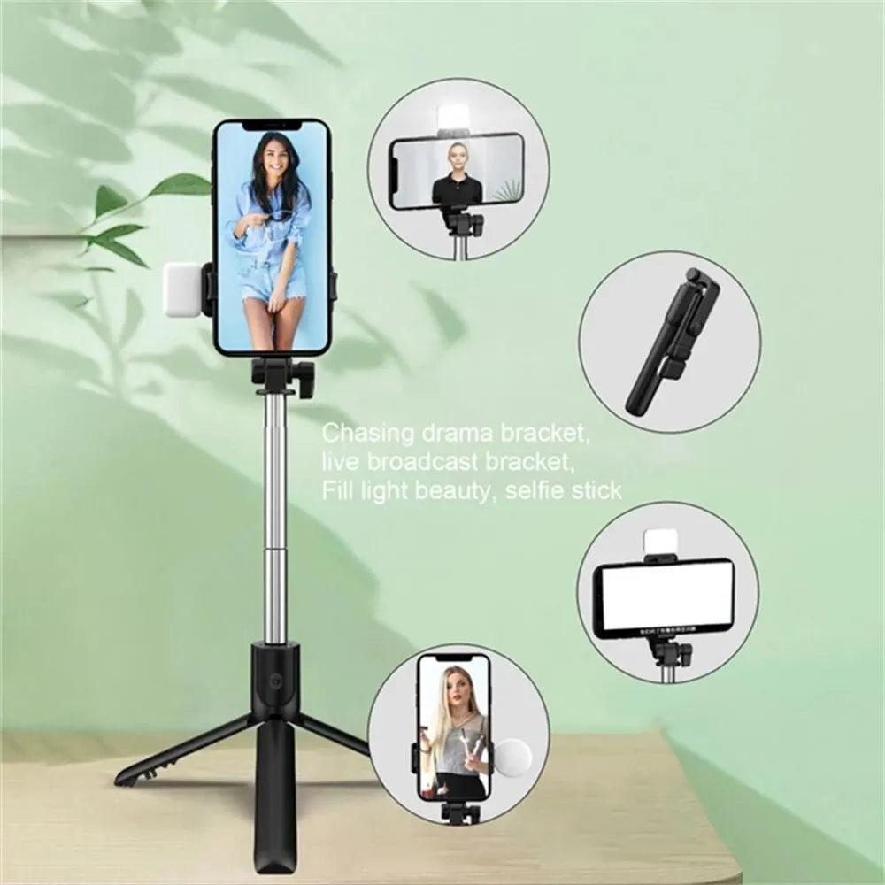 Compact Selfie Stick Tripod – Stainless Steel, Fill Light & Bluetooth Control