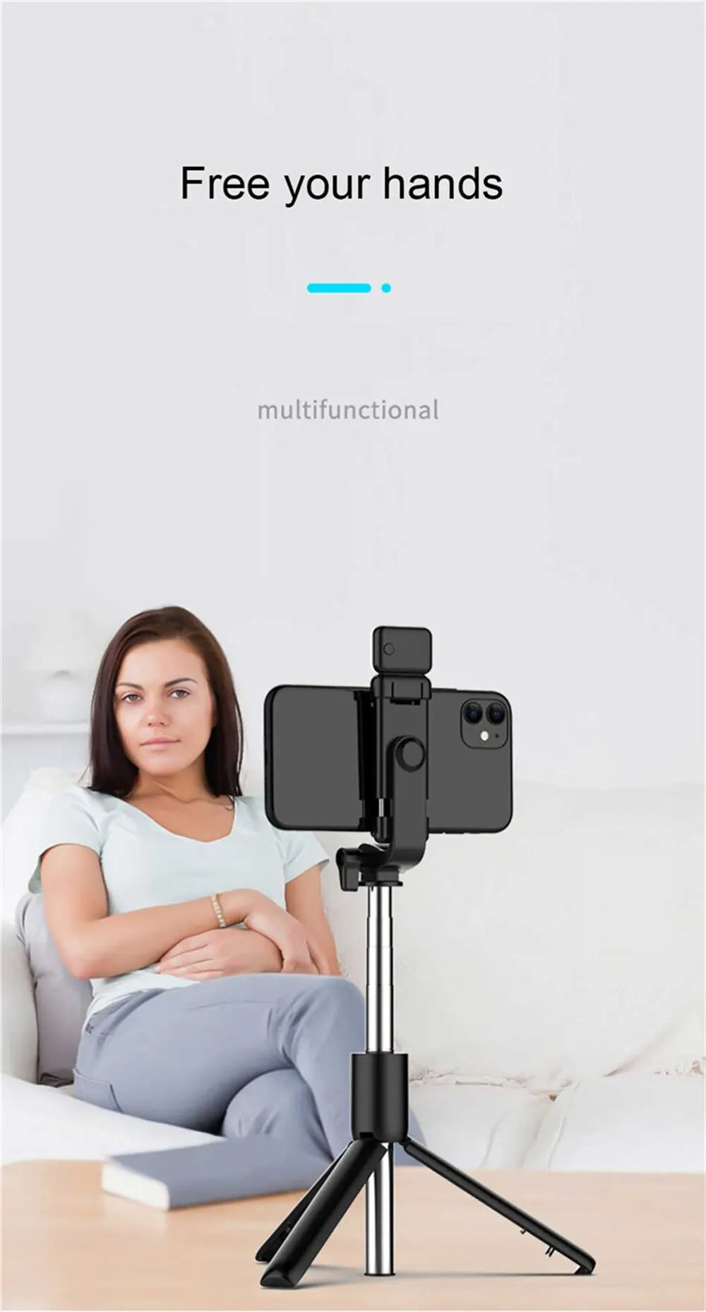 Compact Selfie Stick Tripod – Stainless Steel, Fill Light & Bluetooth Control