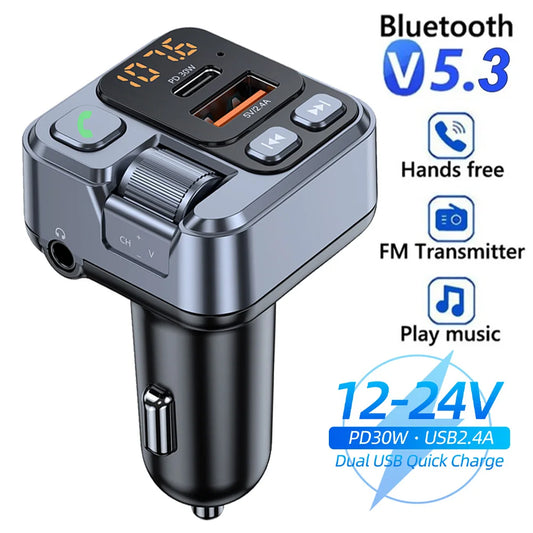 Q28 Bluetooth 5.1 FM Transmitter Car Charger | Dual USB & Type-C Fast Charging with Voltage Display