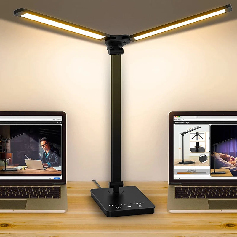 Double-Head LED Desk Lamp with USB Charging | Eye-Care Touch Control, 50 Lighting Modes