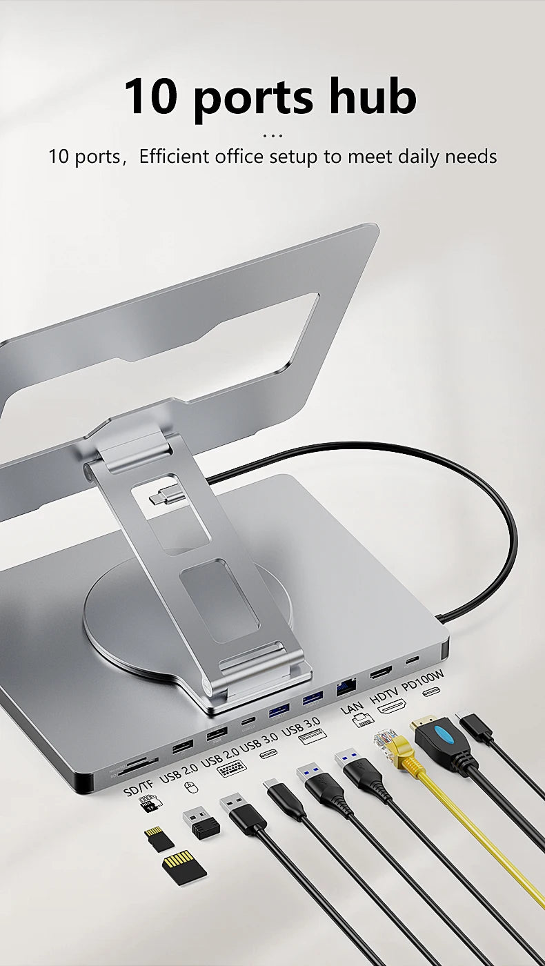 Aluminum Laptop Stand Hub 10-in-1 – USB-C Dock with 4K@60Hz HDMI, SD/TF & RJ45