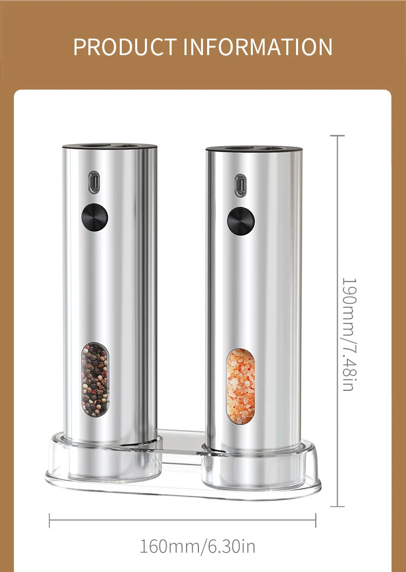 Electric Salt & Pepper Grinder Set – USB Rechargeable Stainless Steel Mills with 6-Level External Coarseness & LED Light (110ml)