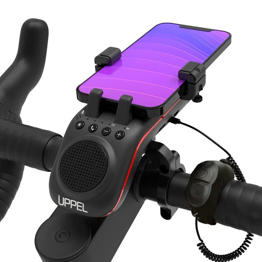 UPPEL M208 4-in-1 Bike Phone Mount with Bluetooth Speaker, LED Headlight & Horn – 5000mAh Rechargeable Handlebar Holder