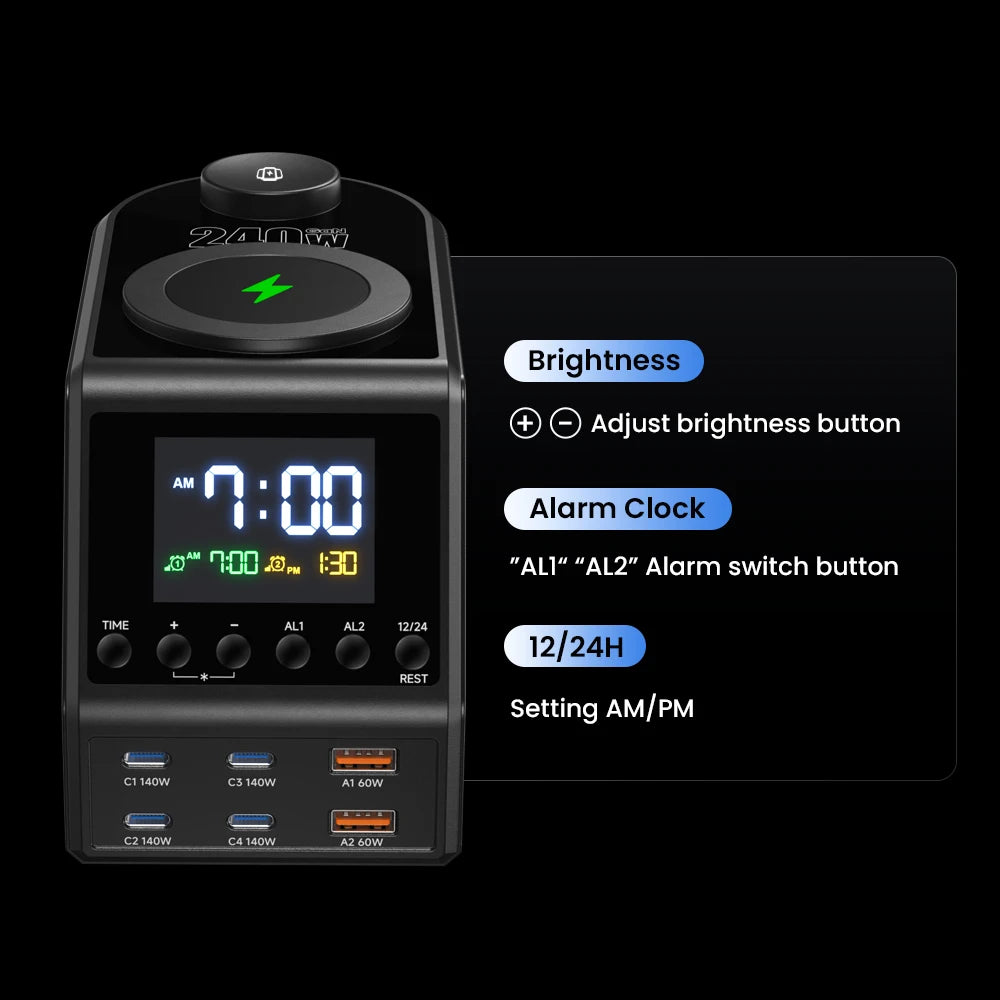 240W Smart GaN Charger Station – 6 USB Ports + Wireless & Alarm Clock