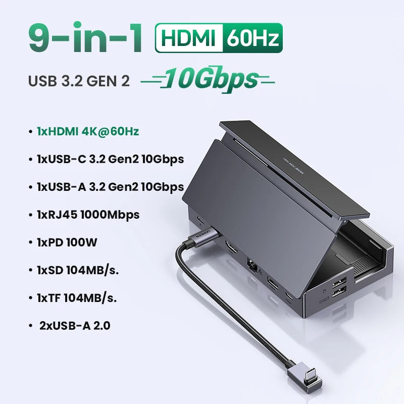 9-in-1 Steam Deck Docking Station – 4K@60Hz HDMI, 10Gbps USB-C, 100W PD Stand