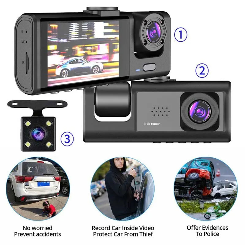 Baideluo Dual / Triple Lens Dash Cam – Front, Cabin & Rear Car DVR with Night Vision
