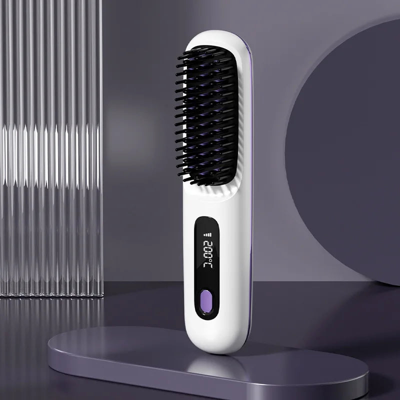 Cordless LCD Hair Straightener Comb – USB Rechargeable, Portable Anti-Scald Styling Brush