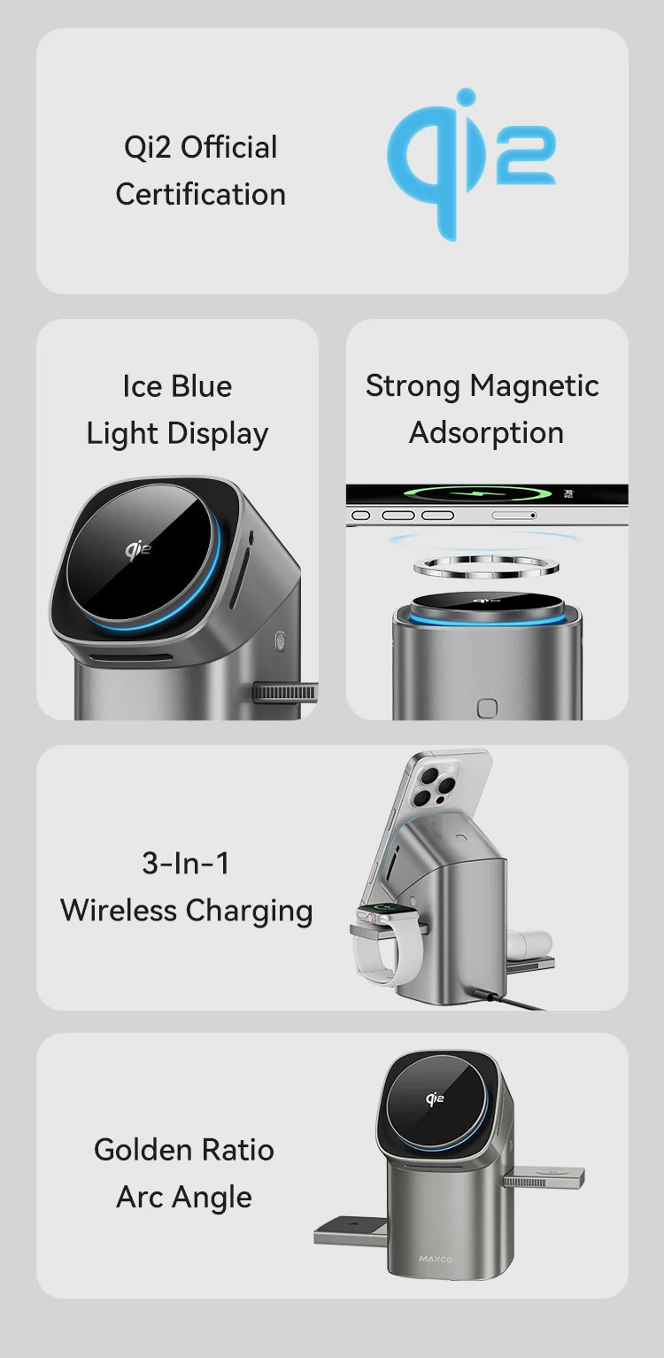 Maxco MW15 Qi2 Auto Rotate Magnetic Wireless Charging Stand – 3-in-1 Fast Charge