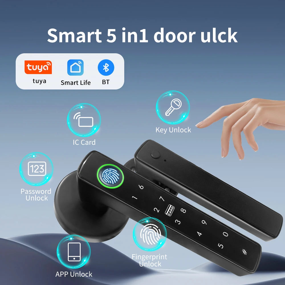 Tuya Smart Fingerprint Door Lock – 5-in-1 Bluetooth App, Card & Password Unlock (IP66)
