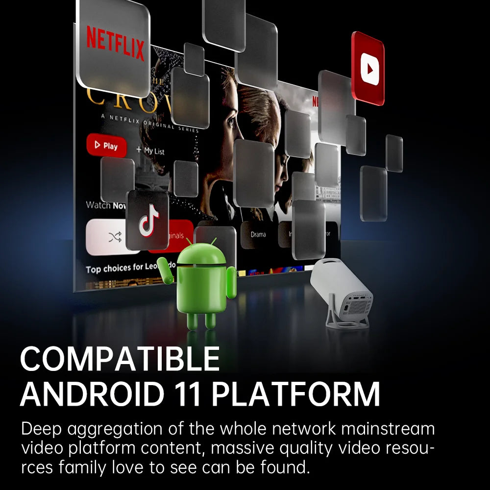 Smart Mini Projector – Android 11, 720P Native, 1080P/4K Support, BT 5.0
