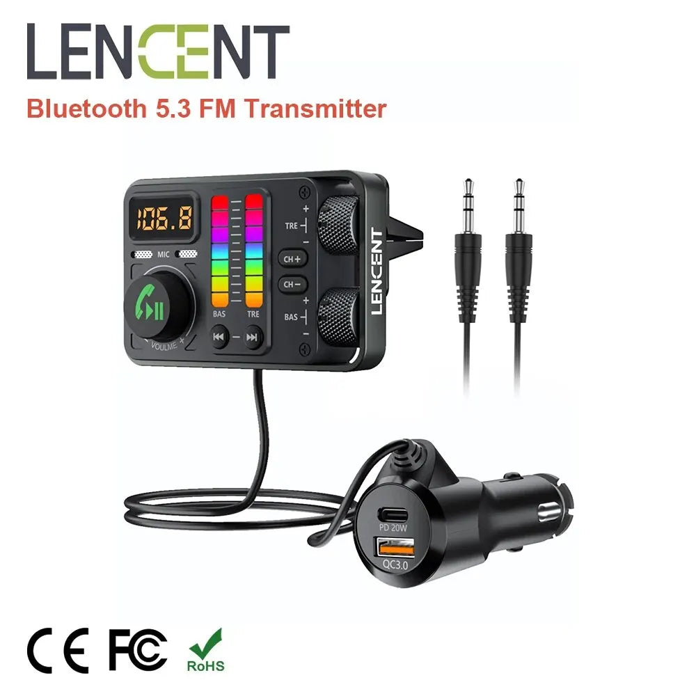 ENCENT MT03 Bluetooth FM Transmitter – PD 20W & QC3.0 43W Fast Car Charger, Dual Mic Hands-Free, Music Streaming