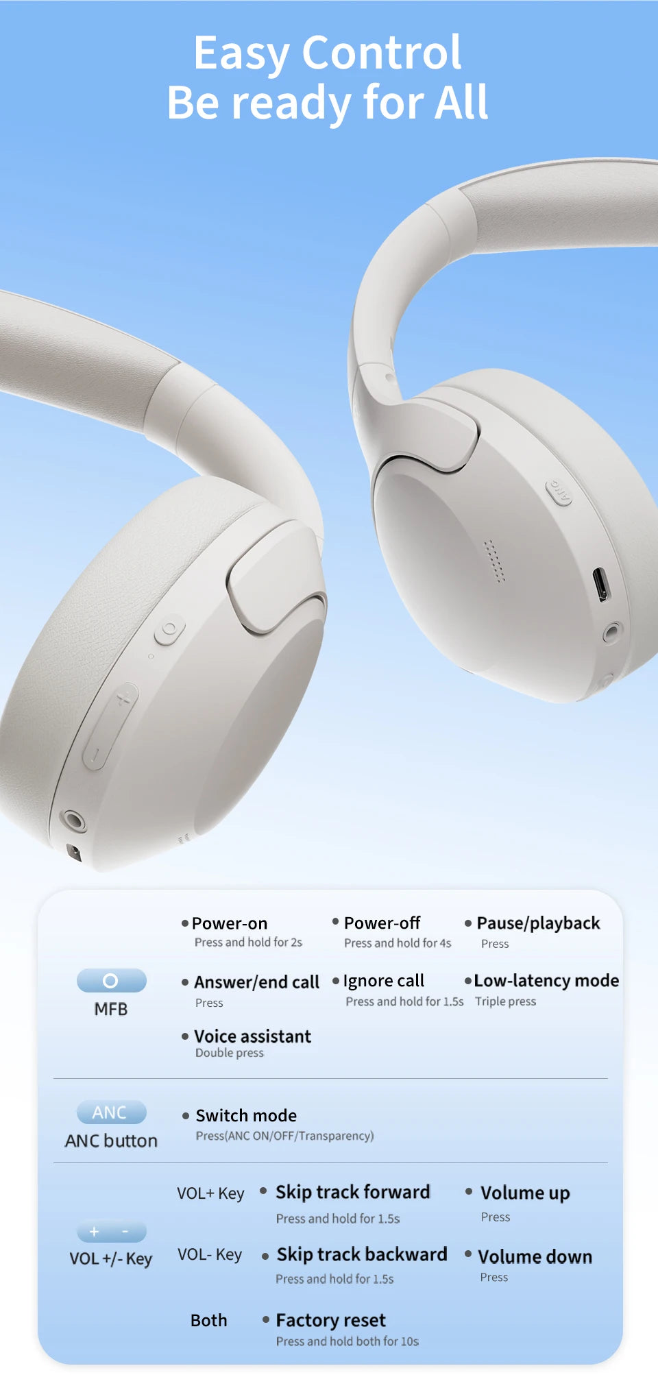 H3 Lite ANC Wireless Headphones – 60H Battery, Bluetooth 5.3, Dual-Device