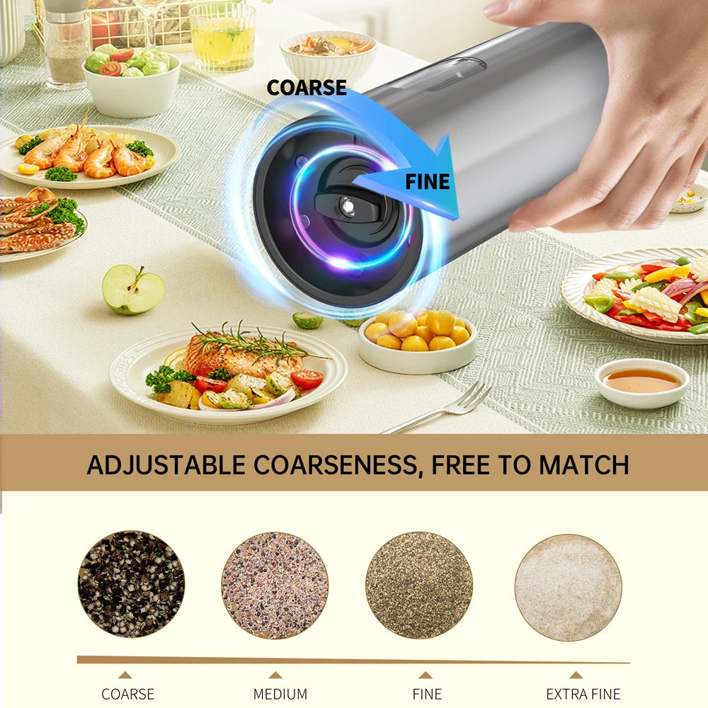 Electric Salt & Pepper Grinder Set – USB Rechargeable Stainless Steel Mills with 6-Level External Coarseness & LED Light (110ml)