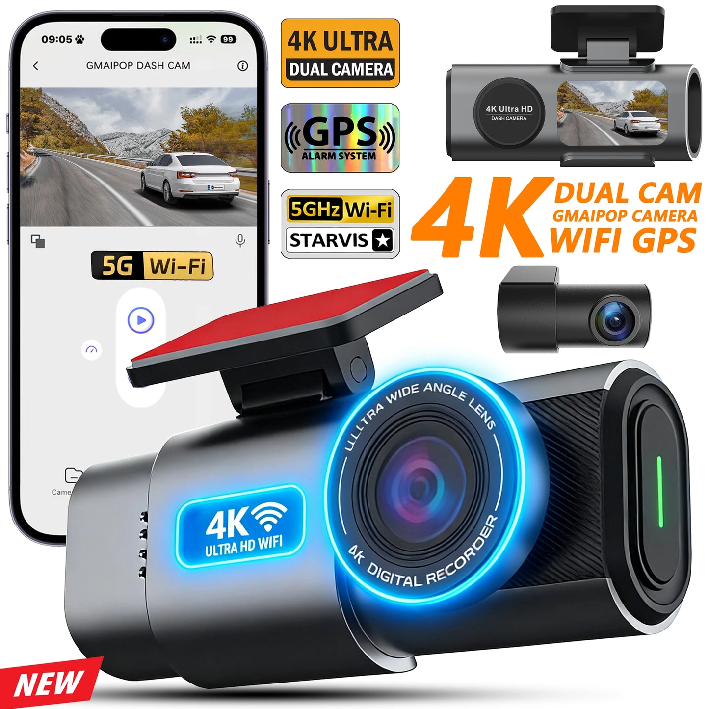 GMAIPOP 4K Dash Cam with GPS – Front & Rear Car DVR, WiFi, Night Vision & Parking Monitor