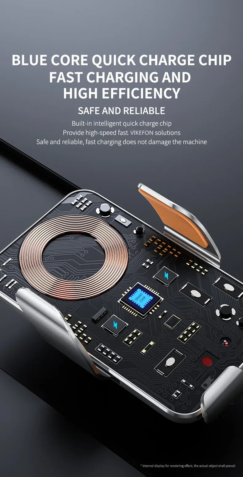 VIKEFON Qi Wireless Car Charger – One-Hand Auto Clamp with Cooling Fan