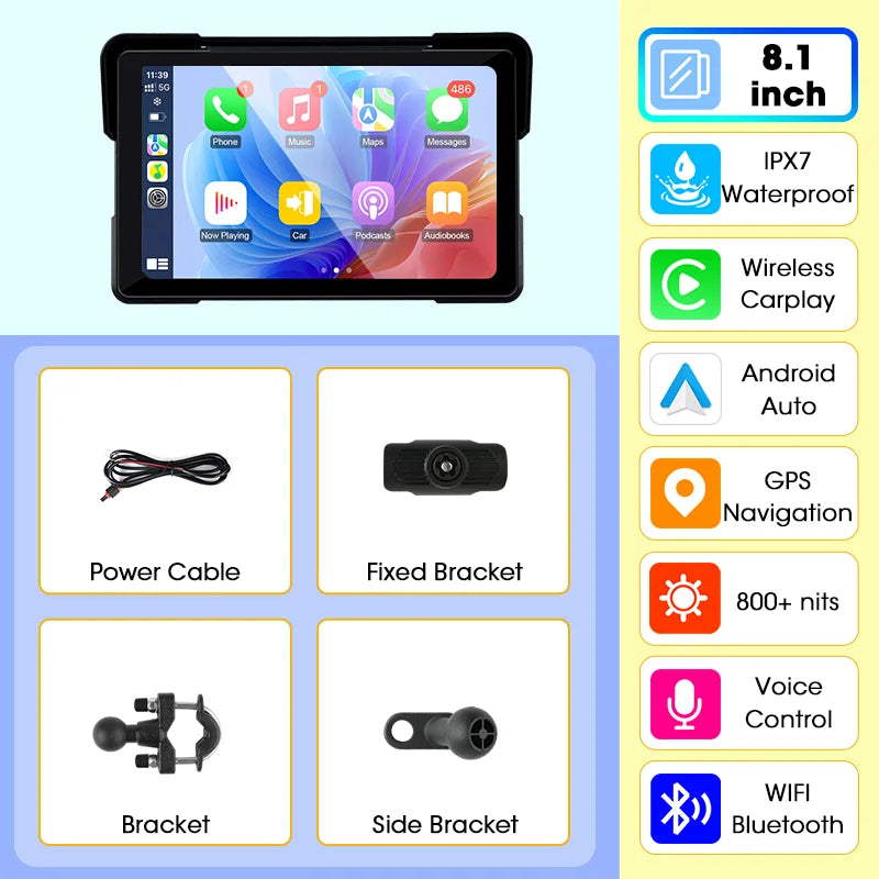 Jansite Portable Motorcycle CarPlay Screen – Dual Bluetooth, WiFi, IPX7 Waterproof