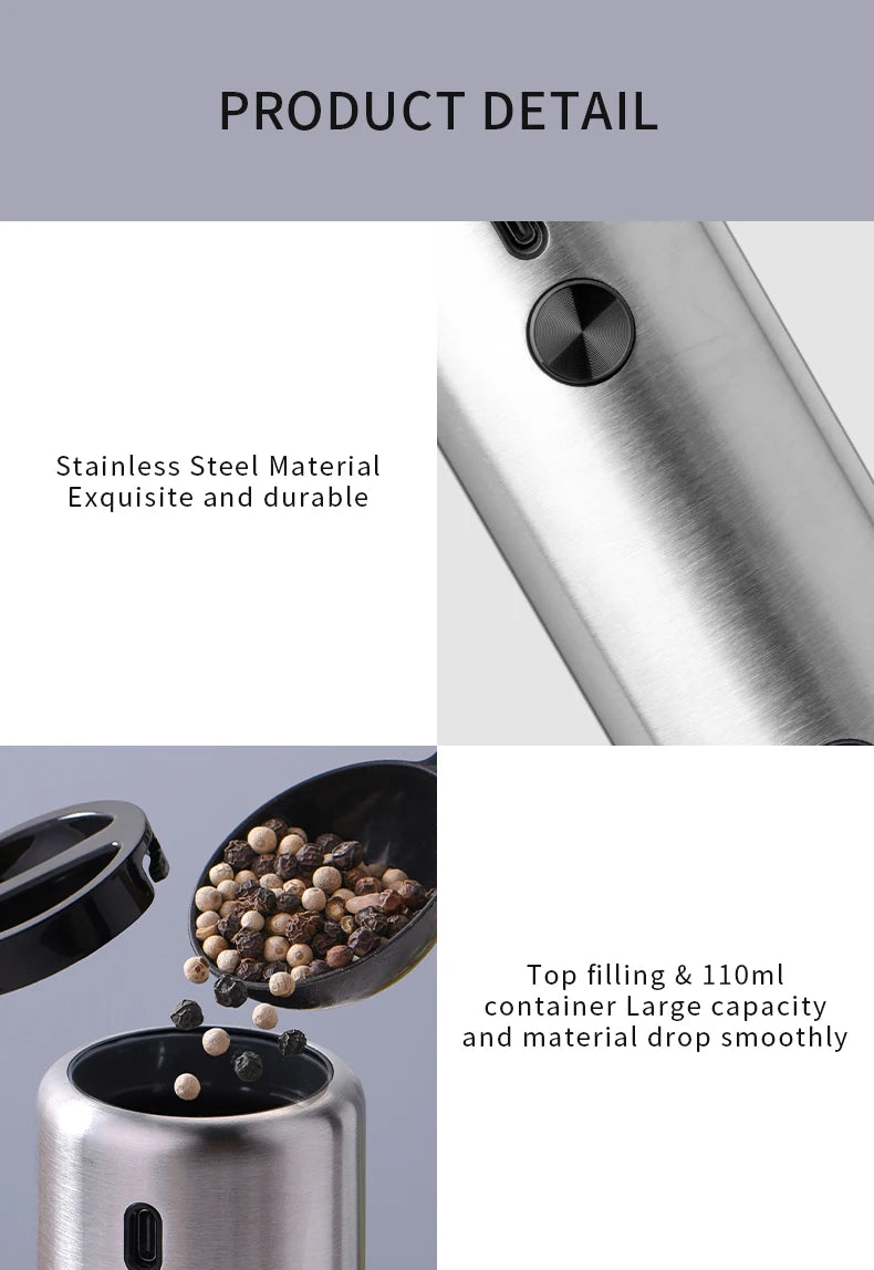 FLYMUYU Electric Salt & Pepper Grinder – Rechargeable Stainless Steel Spice Mill with Adjustable Coarseness & LED Light