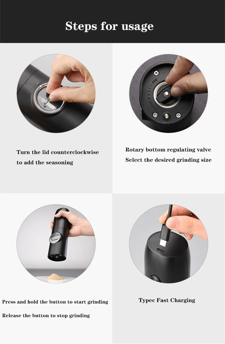 OEING Automatic Pepper Grinder Set – USB-C Rechargeable, 5-Level Coarseness, LED Light