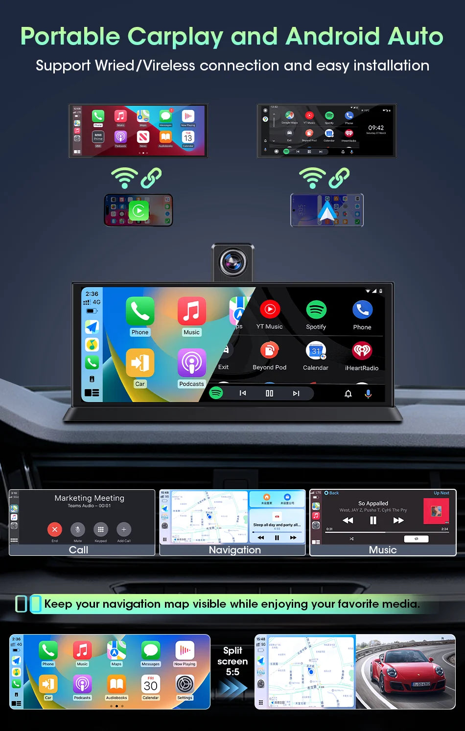 Jansite 10.26"/11.26" Wireless Apple CarPlay & Android Auto Screen with 4K Dash Cam Support