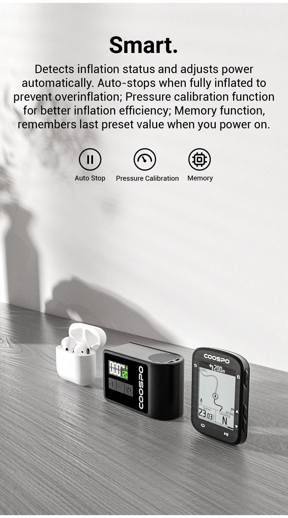 COOSPO Smart Electric Bicycle Tire Pump with Digital Pressure Display Rechargeable Portable Inflator