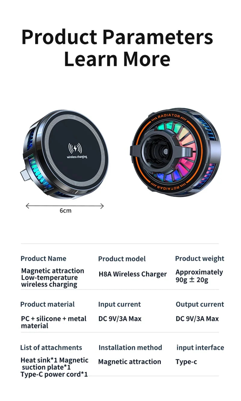 15W Magnetic Wireless Charger Car Mount with Semiconductor Cooling & RGB