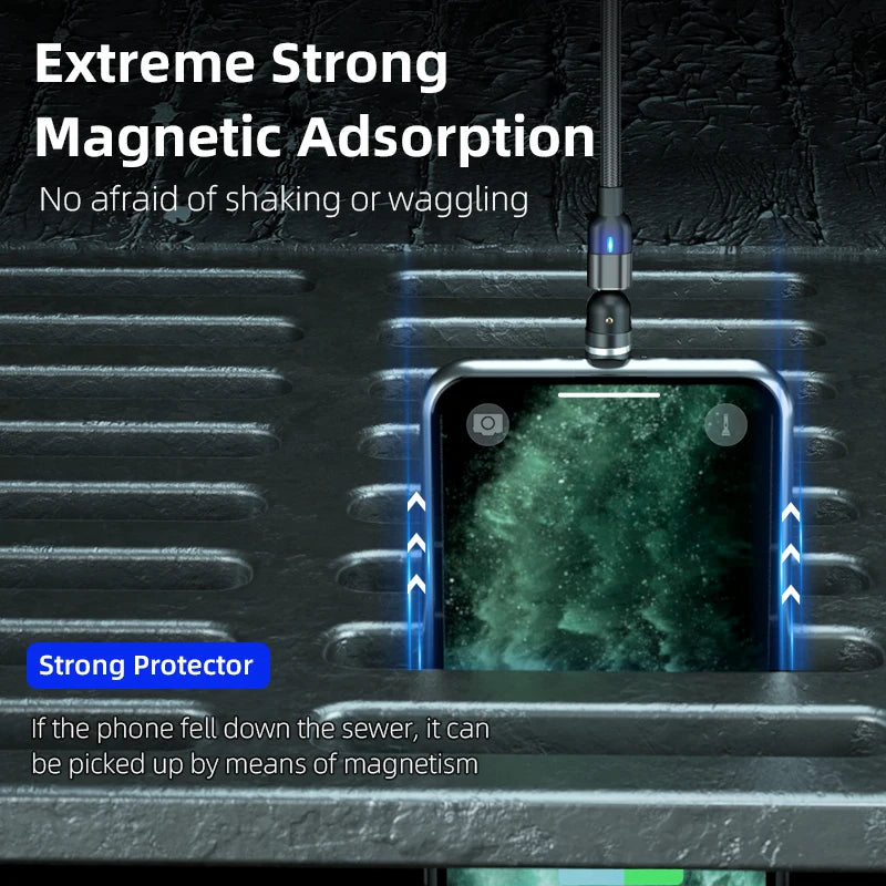 540° Rotating Magnetic Charging Cable | 3-in-1 USB-A to Type-C / Micro USB / Lightning