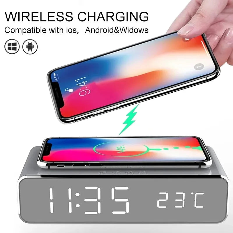 Opansten Wireless Charging Alarm Clock – 5W Qi Charger with Time, Temperature & LED Display