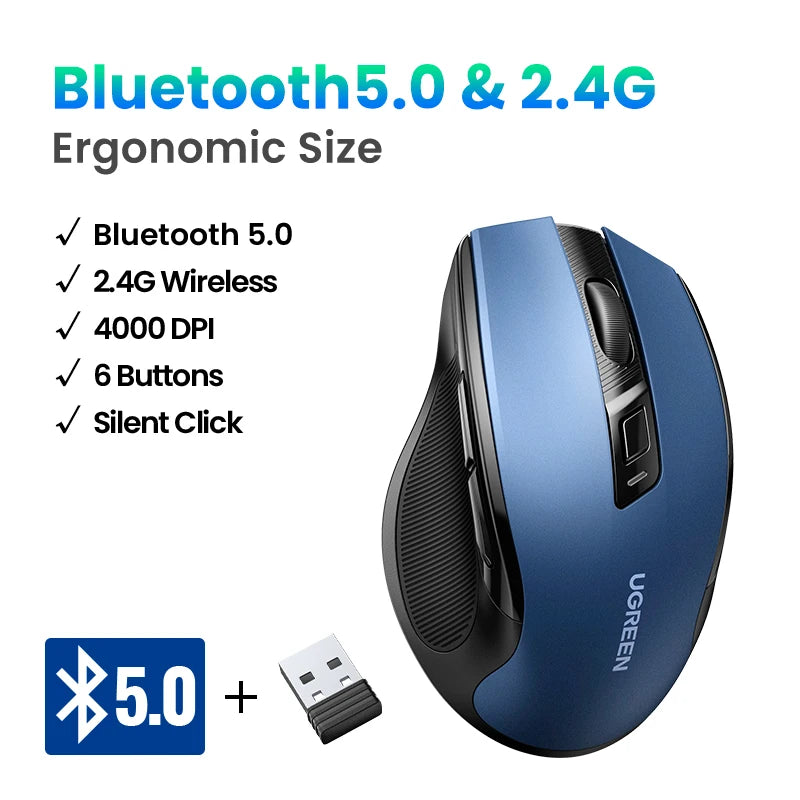 UGREEN MU006 Wireless Mouse – Bluetooth 5.0 & 2.4G, 4000 DPI, Silent Ergonomi