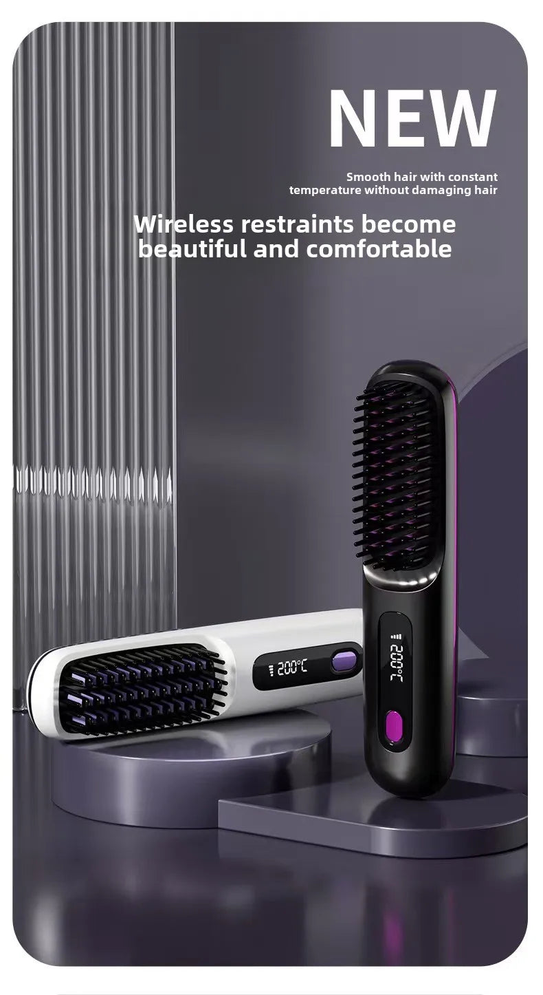 Cordless LCD Hair Straightener Comb – USB Rechargeable, Portable Anti-Scald Styling Brush