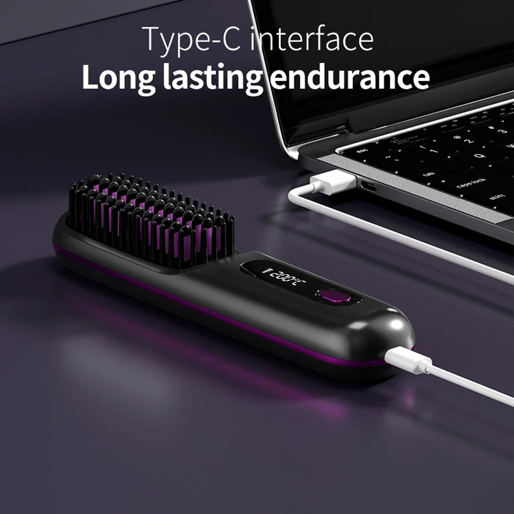 Cordless Hair Straightener Brush – Wireless Ceramic Heated Comb with Ions