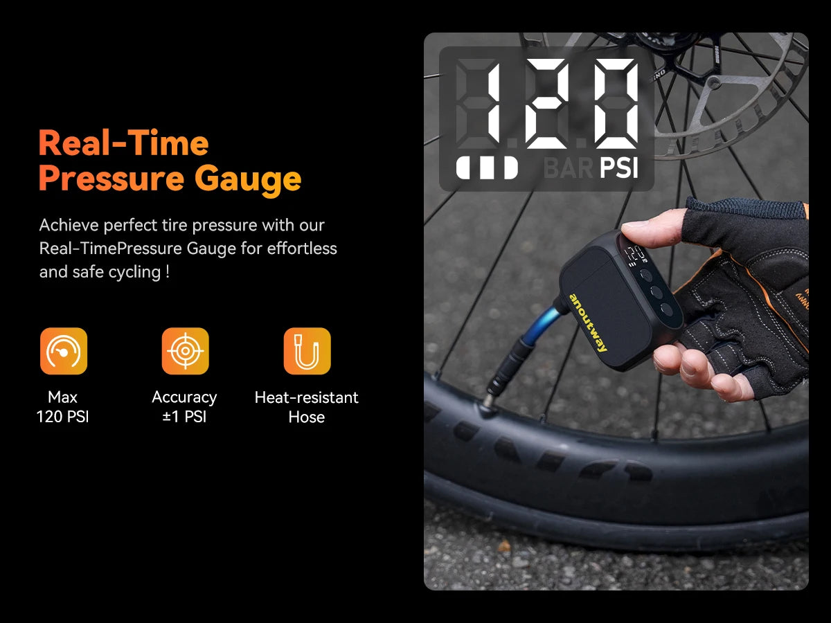 Anoutway AT1 Pro Mini Electric Bike Tire Inflator 120PSI Cordless Pump with Digital Display & Type-C Fast Charging