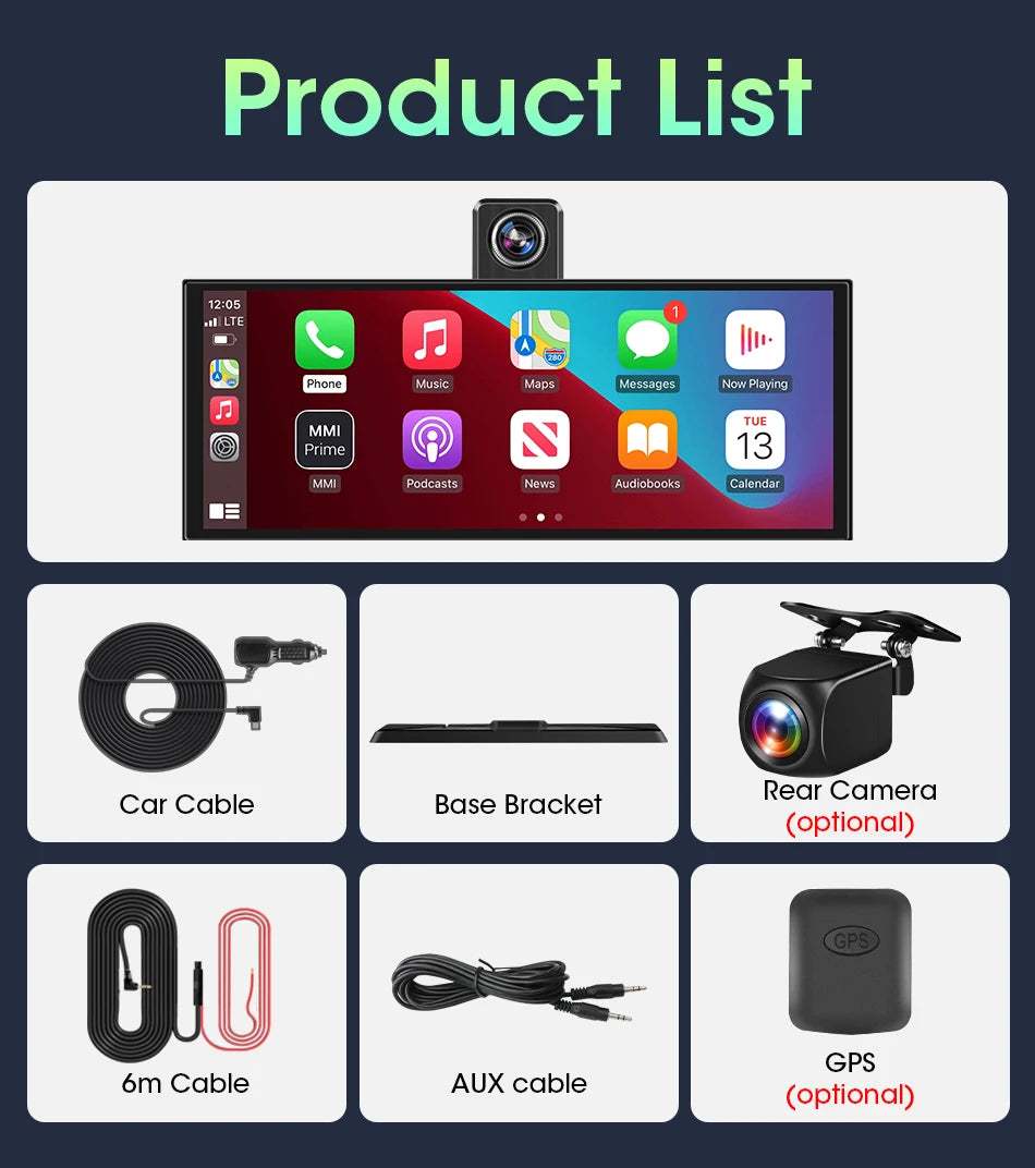 Jansite 10.26"/11.26" Wireless Apple CarPlay & Android Auto Screen with 4K Dash Cam Support