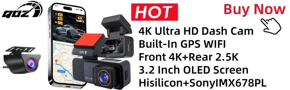 QOZ 4K Dual Lens Dash Cam – Front & Rear Car DVR with WiFi, Night Vision & Parking Monitor