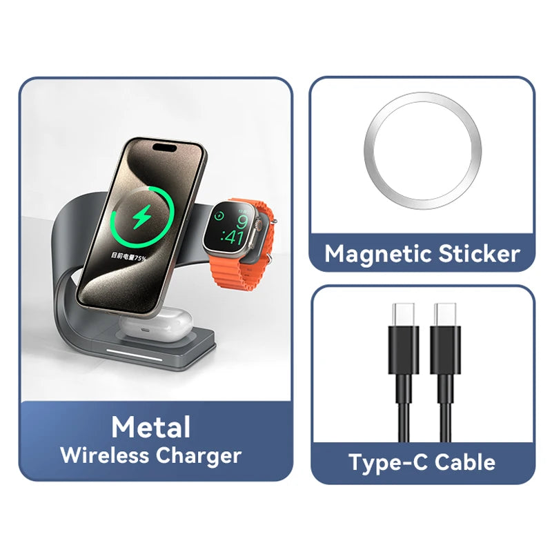4-in-1 Metal Magnetic Wireless Charger 15W for iPhone, Watch & AirPods