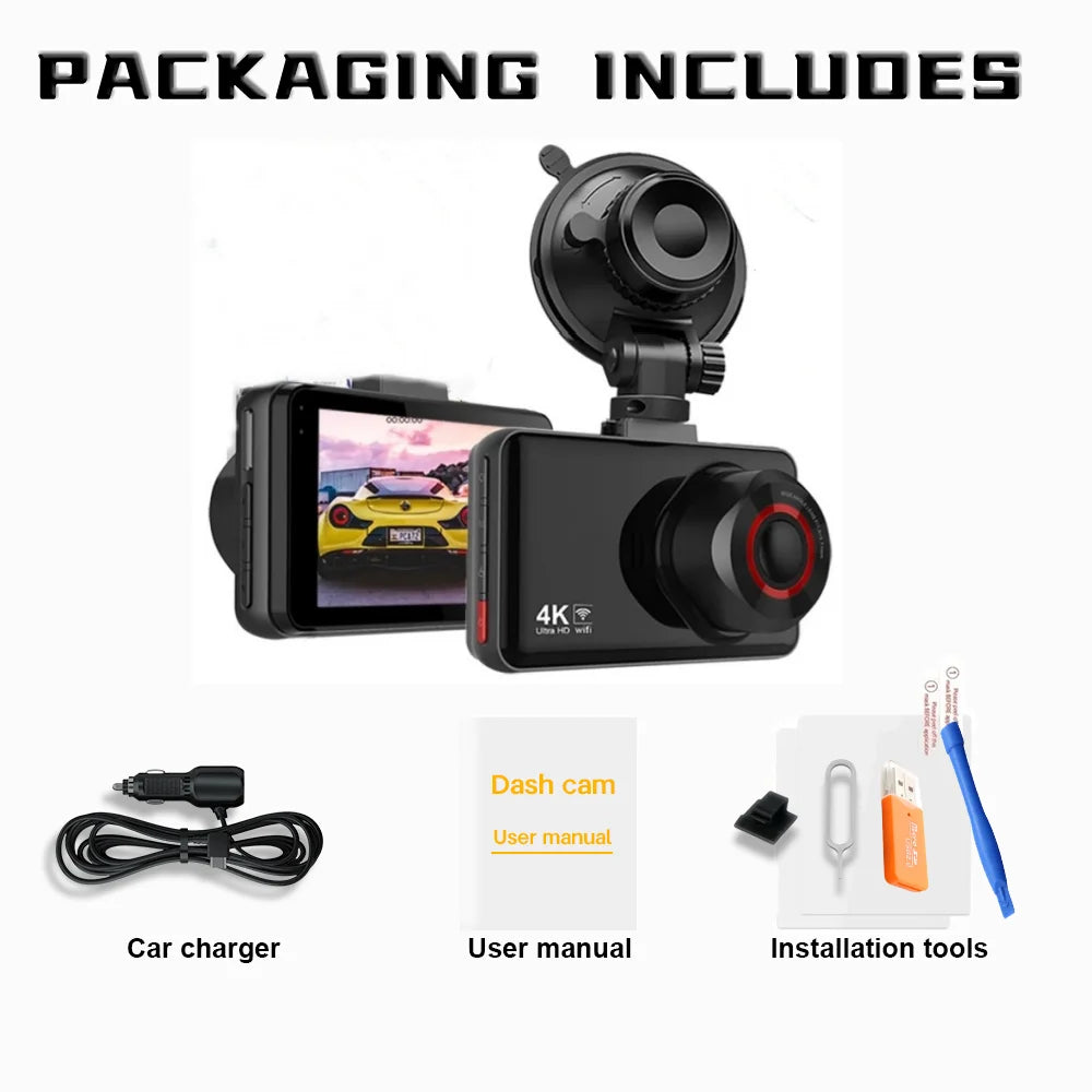 QOZ 4K Dual Lens Dash Cam – Front & Rear Car DVR with WiFi, Night Vision & Parking Monitor