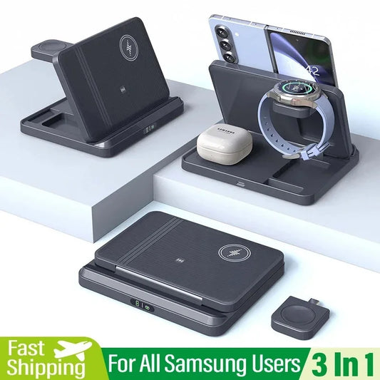 VIKEFON Foldable 3-in-1 Wireless Charger with Cooling Fan for Samsung Devices