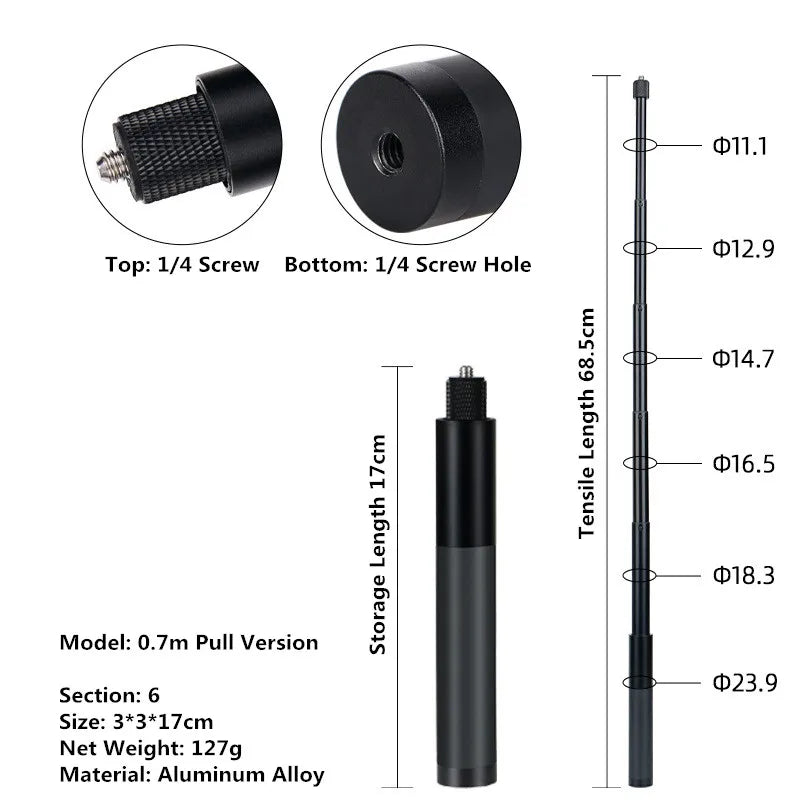 Aluminum Selfie Stick for Insta360, GoPro & DJI Action Cameras