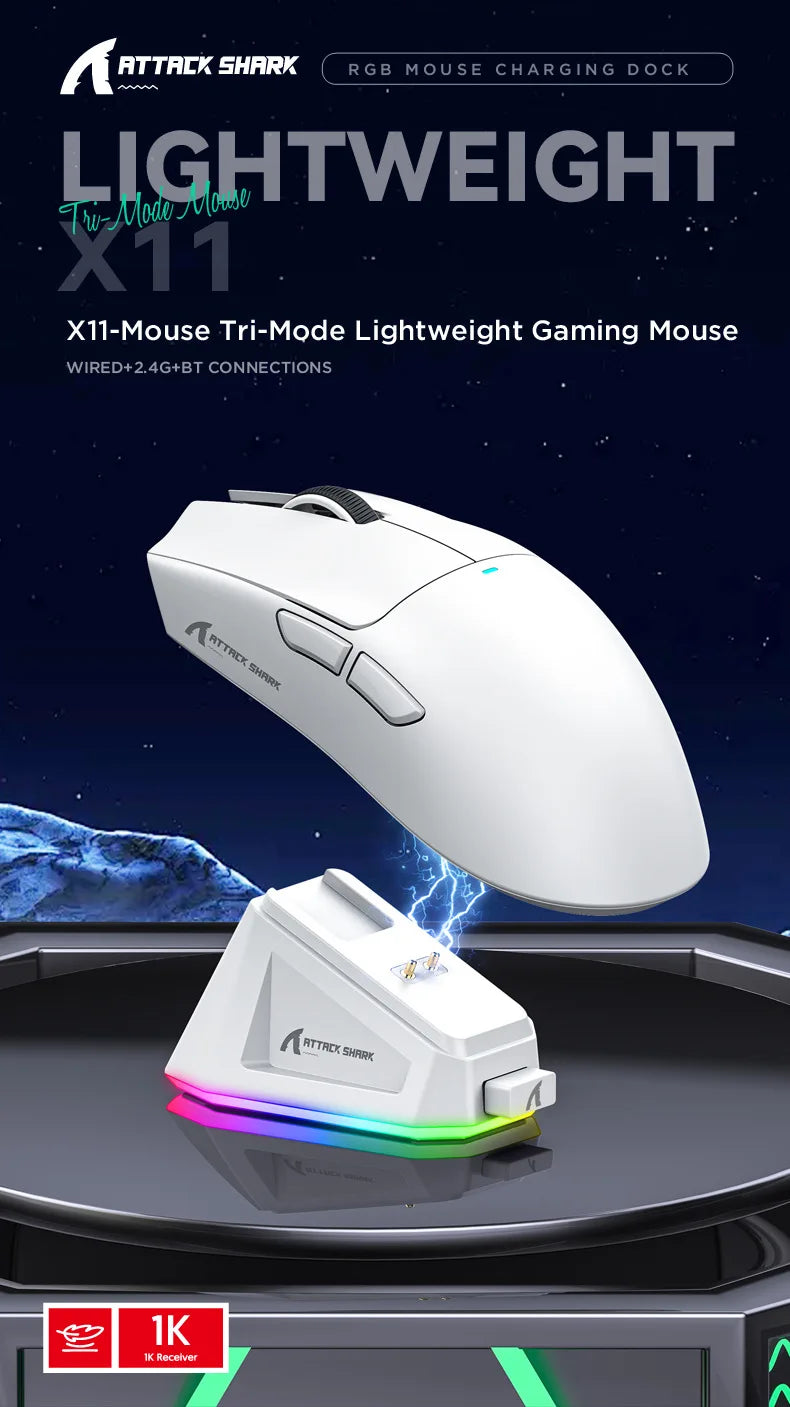 Attack Shark X11 Triple-Mode Wireless Gaming Mouse – PAW3395, 22,000 DPI, Magnetic Charging Dock