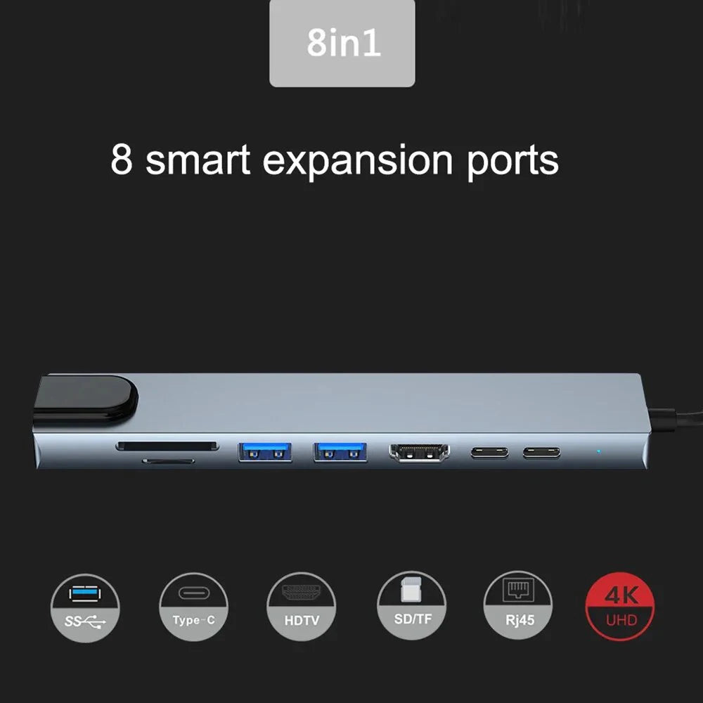 Type-C Hub 8-Port – 4K HDMI, LAN, USB 3.0, SD/TF, 100W PD Adapter