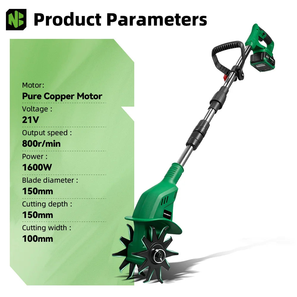 NewBeny Cordless Garden Cultivator 21V 1600W High Power Tiller with 150mm Blade