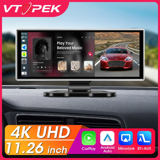 VTOPEK 7” / 11.26” Wireless CarPlay & Android Auto Dashboard Screen – Optional Dual Camera DVR