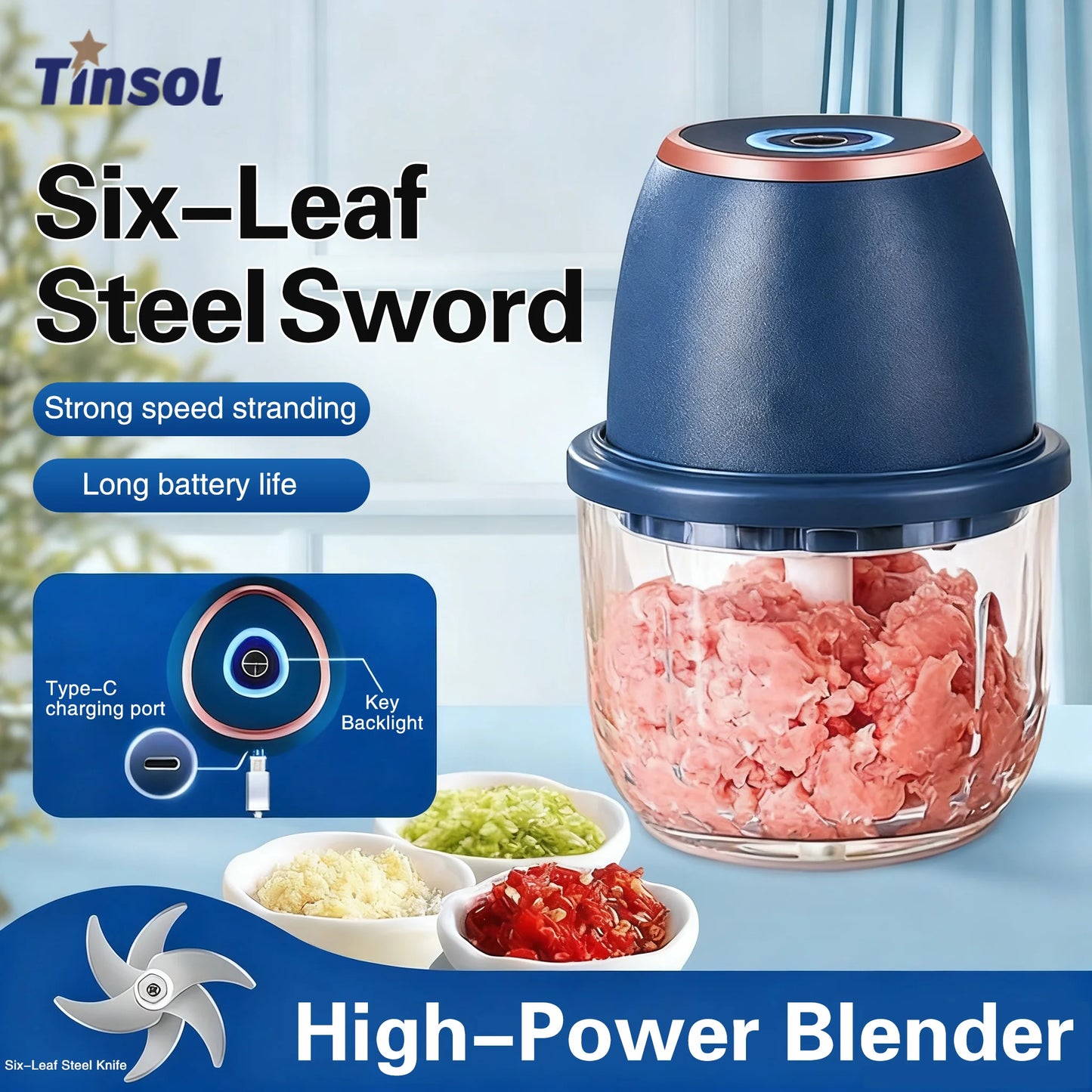 TINGBAI Portable Electric Garlic Chopper – 6-Blade USB-C Rechargeable Food Grinder
