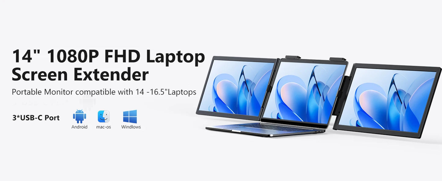 Amoudo 14″ Triple Screen Laptop Extender IPS Monitor | FHD 1920×1080 | USB-C Plug & Play | Portable Dual Screen