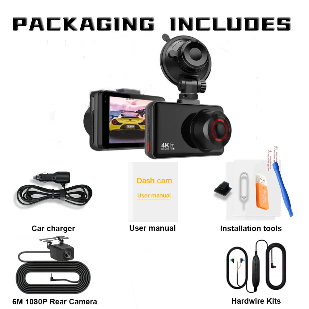 QOZ 4K Dual Lens Dash Cam – Front & Rear Car DVR with WiFi, Night Vision & Parking Monitor