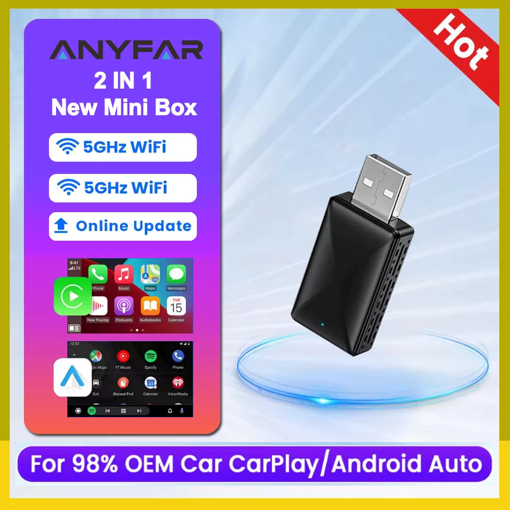 EzoneTronics Ultra-Mini 2-in-1 Wireless CarPlay & Android Auto Adapter – 5.8GHz Plug & Play