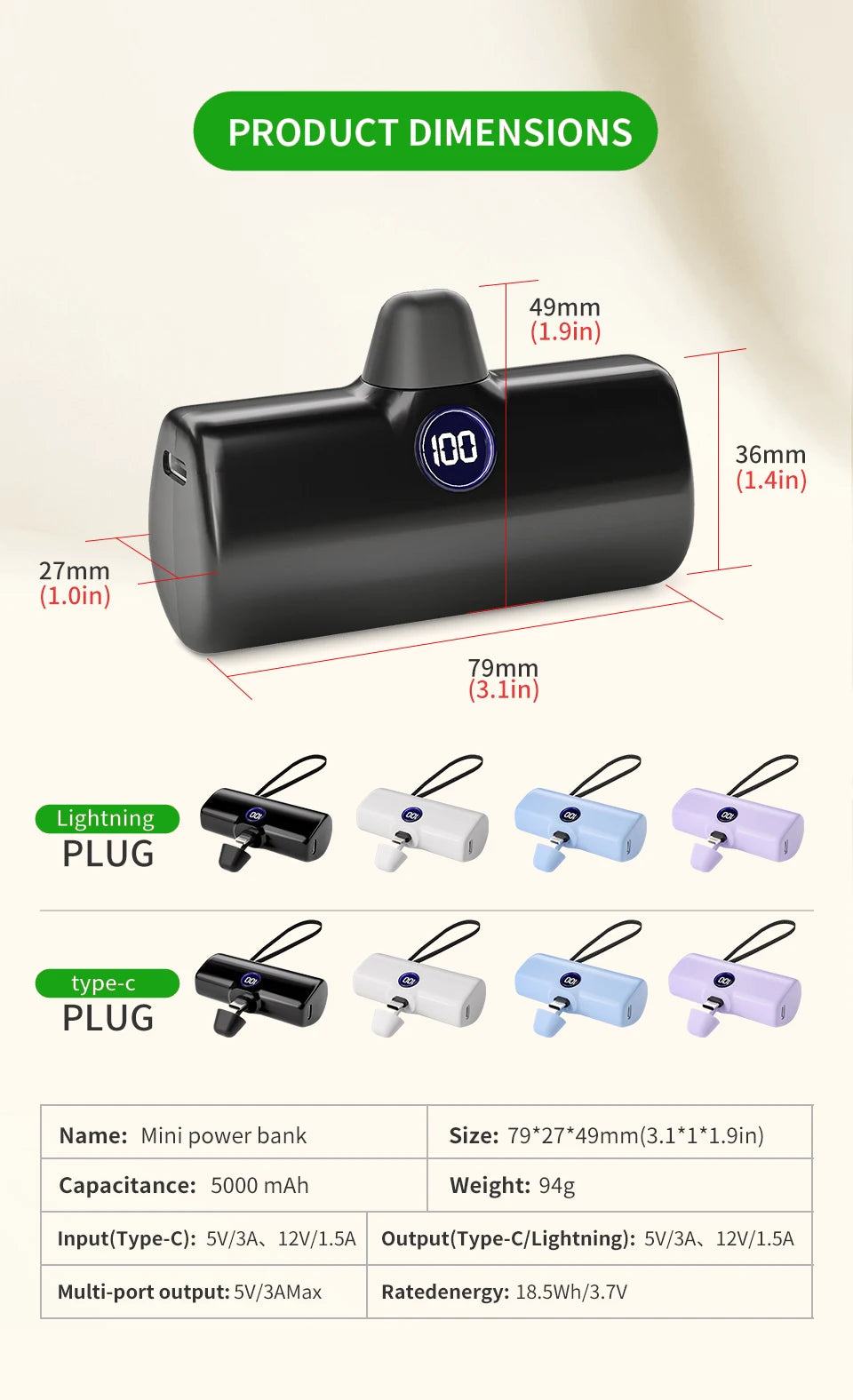 Pocket Power Bank 5000mAh – 18W PD Fast Charge for iPhone & Android