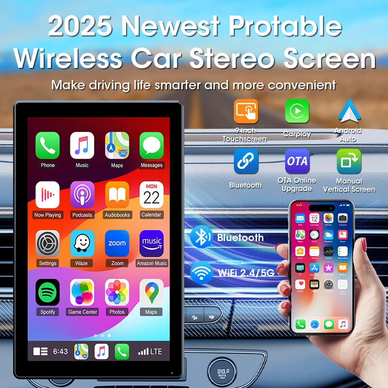 Jansite Smart Car Monitor with Wireless CarPlay & Android Auto – 7–9 Inch